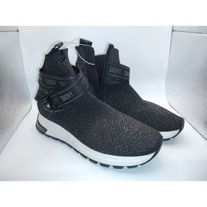 DKNY Miley Slip On Shoes Womens Size 8 Black Knit Strap Sock Sneaker